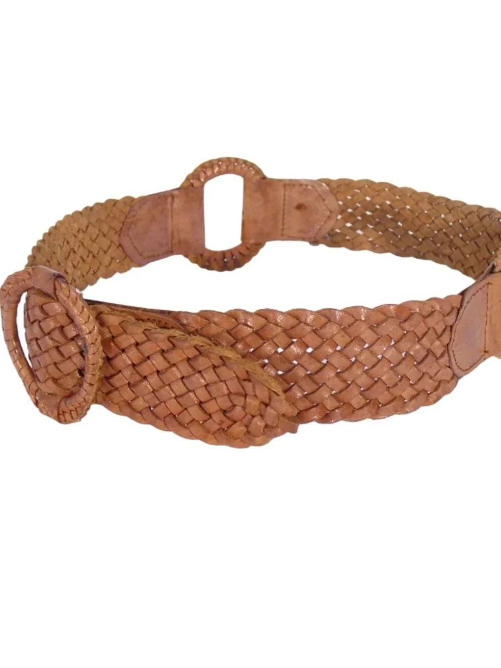 HANDWOVEN Tan Leather Braided O-Ring Belt Women's M - Picture 5 of 6